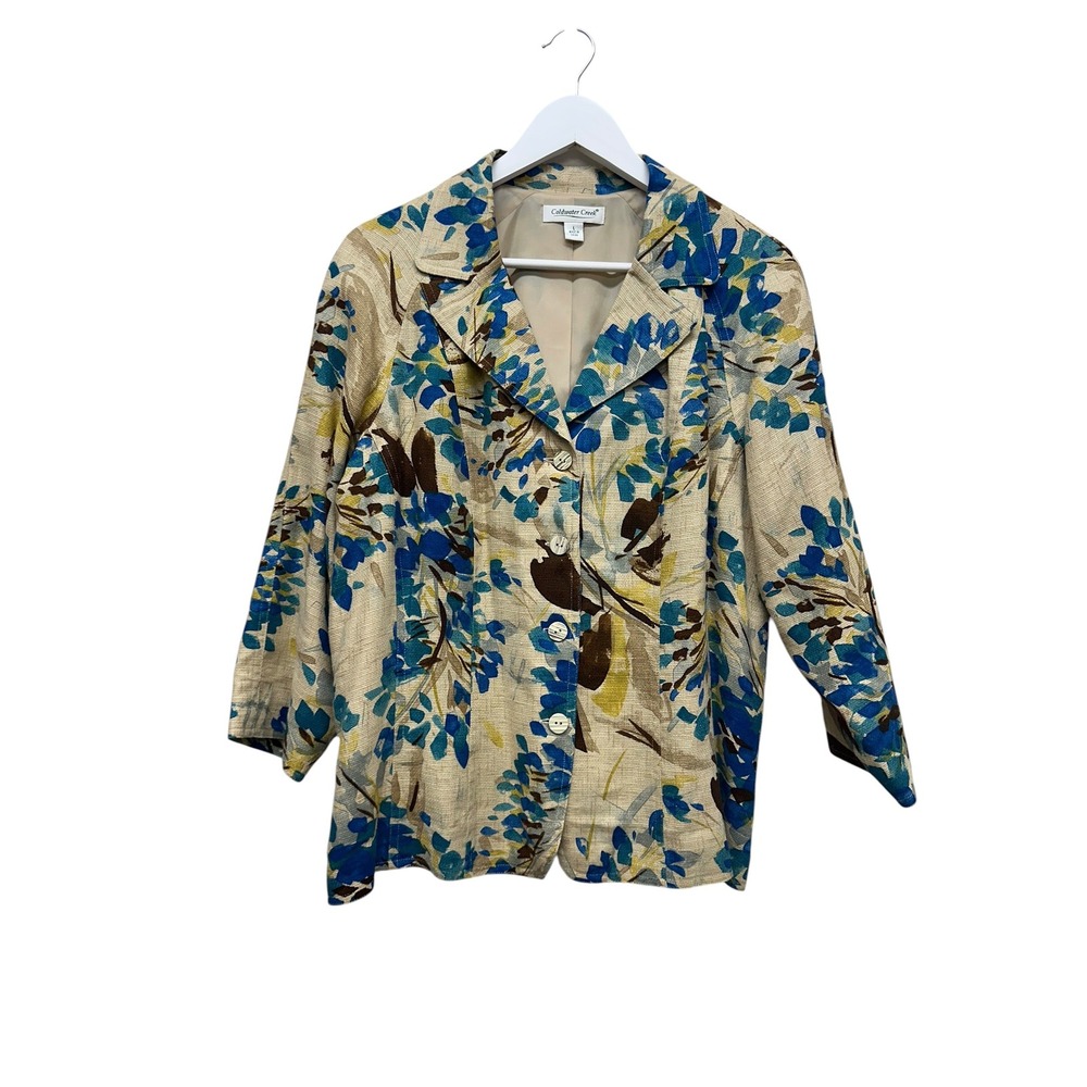 Coldwater Creek Floral Button Front Jacket Blue Brown Beige Textured Size L